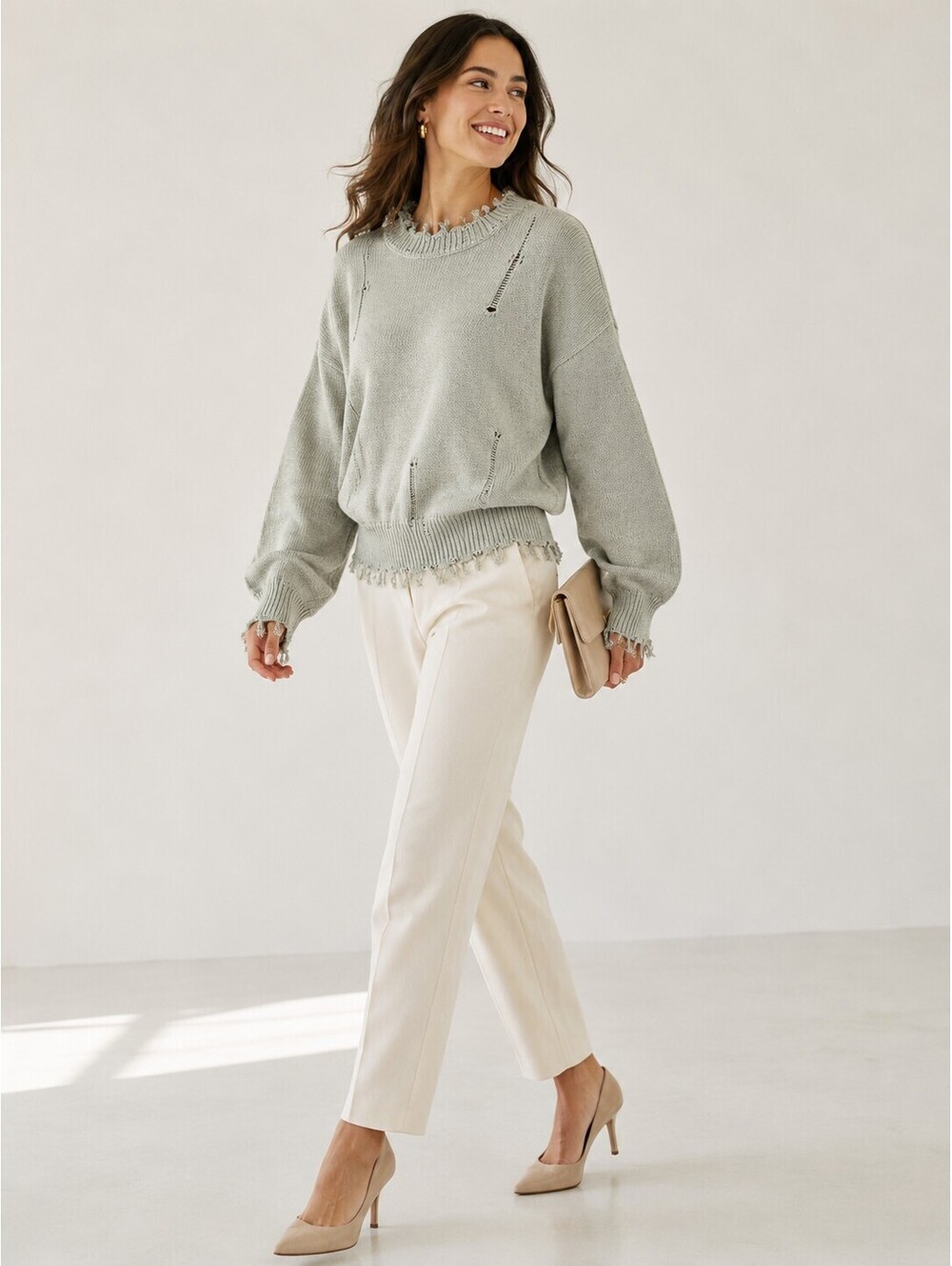 Elan Women Distressed Crew Neck Sweater Sage Frayed Trim Size XS NWT